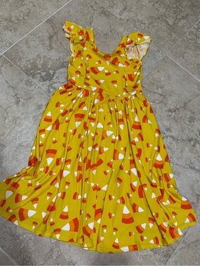Dot Dot Smile Yellow Candy Corn Print Ruffle Shoulder Dress